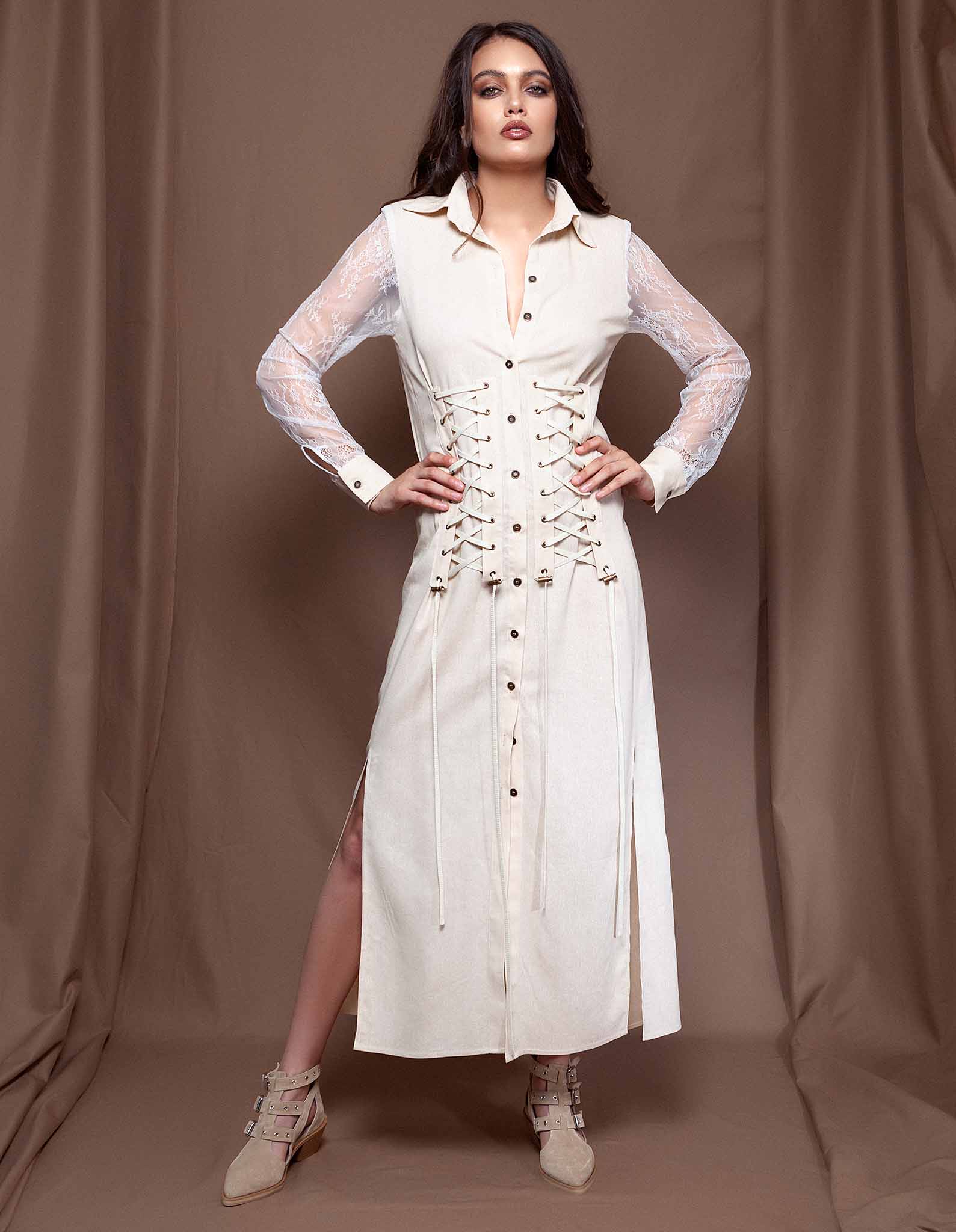 Rochie din in bej deschis MILONIA